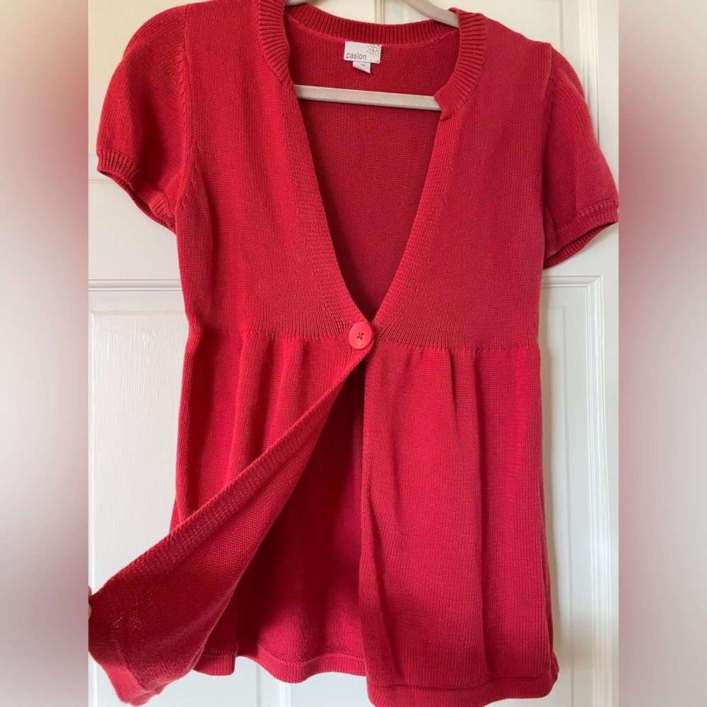 SOLD Caslon XS sweater with one button. Rosey red